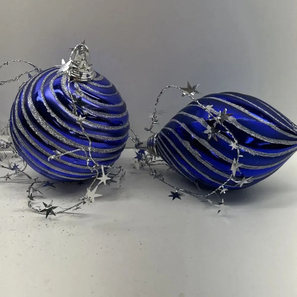 Vintage XL Christmas Hanging Tree Ornaments - Blue‎ With Glittering Silver
